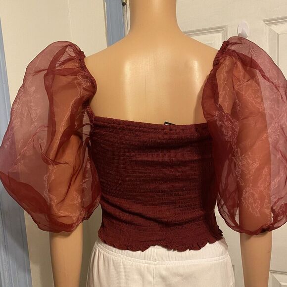 Y2K Cropped Top Square Neck Puff Sleeve Boho Fairy Grunge Vampire Coquette Sz L - Picture 6 of 8
